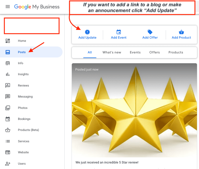 Google Post interface