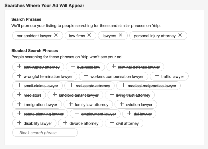 Yelp negative keywords